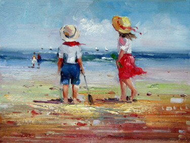 Painting titled "On the beach 119" by Garvin Ree, Original Artwork, Oil Mounted on Wood Stretcher frame