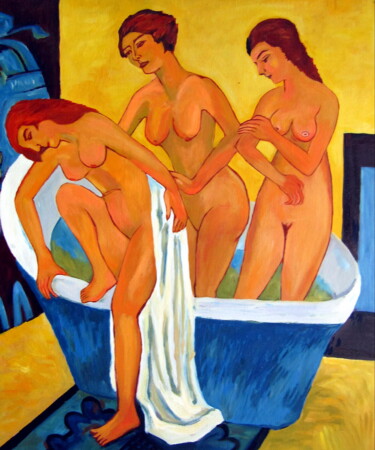 Painting titled "Nude bathing 001" by Garvin Ree, Original Artwork, Oil Mounted on Wood Stretcher frame