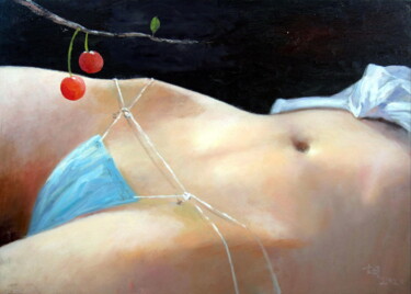 Schilderij getiteld "Erotic 001" door Garvin Ree, Origineel Kunstwerk, Olie Gemonteerd op Frame voor houten brancard