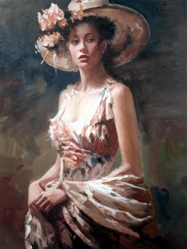 Painting titled "Lady with hat 103D" by Garvin Ree, Original Artwork, Oil Mounted on Wood Stretcher frame