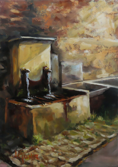 Painting titled "La fontaine du hame…" by Laurence Gasior, Original Artwork, Oil Mounted on Other rigid panel