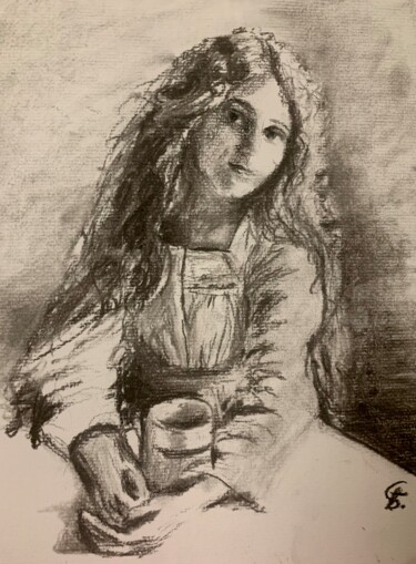 Dessin intitulée "Girl with tea" par Gázsity Barbara, Œuvre d'art originale, Fusain