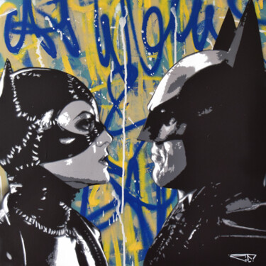 Painting titled "Catwoman & Batman" by G. Carta, Original Artwork, Acrylic Mounted on Wood Stretcher frame
