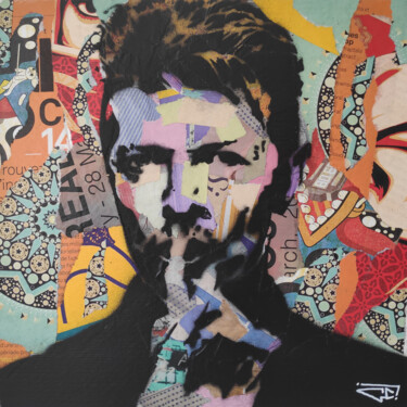 Painting titled "David Bowie 1" by G. Carta, Original Artwork, Collages Mounted on Wood Panel