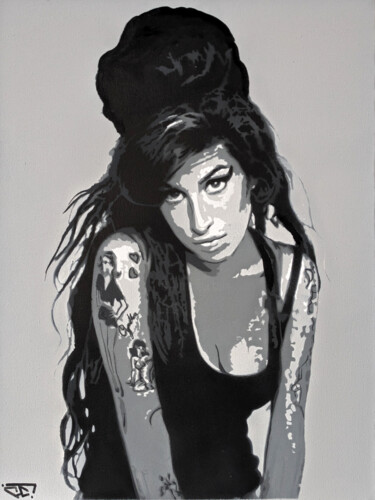 Painting titled "Amy Winehouse" by G. Carta, Original Artwork, Stencil Mounted on Wood Stretcher frame