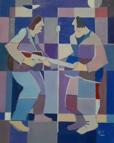 Painting titled "Rhythms in Blue" by Gegham Hunanyan, Original Artwork, Oil Mounted on Wood Stretcher frame