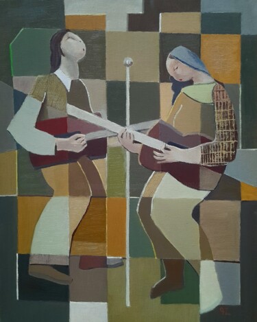 Painting titled "Musical Dialogue" by Gegham Hunanyan, Original Artwork, Oil Mounted on Wood Stretcher frame