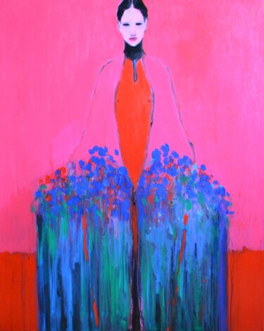 Картина под названием "A girl with a bouqu…" - Gela Mikava, Подлинное произведение искусства, Акрил