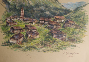 Drawing titled "Тушети, Парсма" by Gela Philauri, Original Artwork, Watercolor