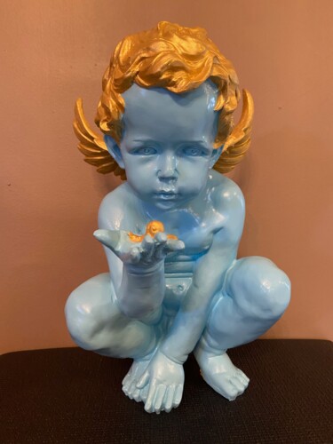 Escultura intitulada "Blue Golden Angel C…" por Genedieve, Obras de arte originais, Tinta spray
