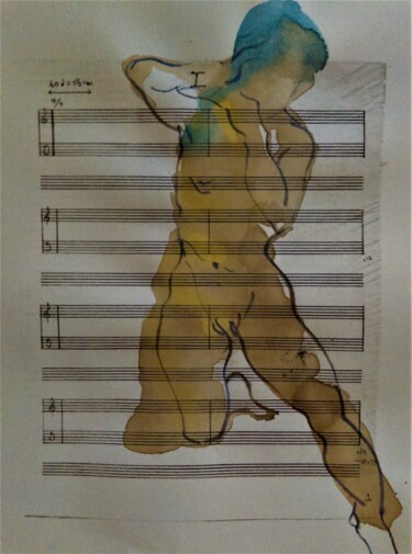 Tekening getiteld "Partition musicale" door Geneviève Bonnet-Cadith, Origineel Kunstwerk, Aquarel