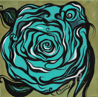 Schilderij getiteld "Turquoise Rose on a…" door Geneviève Chaussé, Origineel Kunstwerk, Acryl