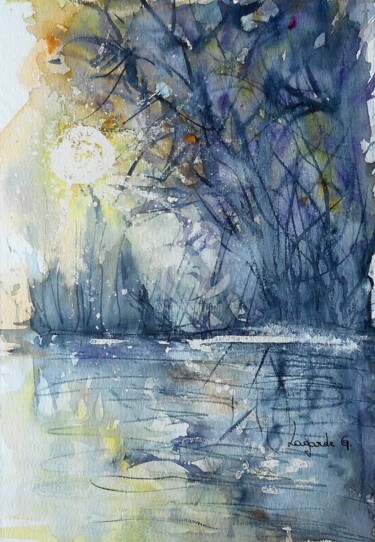 Painting titled "76 Soleil du soir +c" by Geneviève Lagarde, Original Artwork, Watercolor