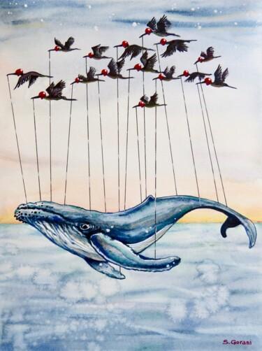 Painting titled "Flying Whale" by Geni Gorani, Original Artwork, Watercolor