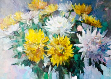 Painting titled "chrysanthemum" by Gennadi Alekhnovich, Original Artwork, Oil