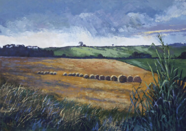 Painting titled "Get the bales in" by Helene Buttling, Original Artwork, Acrylic Mounted on Wood Stretcher frame