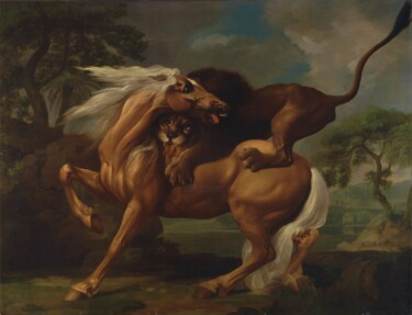 「Cheval attaqué par…」というタイトルの絵画 George Stubbsによって, オリジナルのアートワーク, オイル