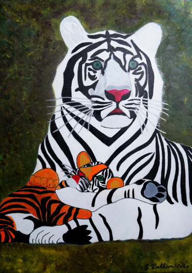 Painting titled "White Tigress with…" by Georges Bettan, Original Artwork, Acrylic Mounted on Wood Stretcher frame