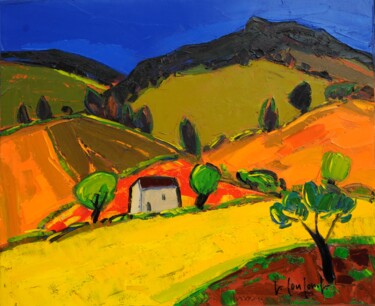 Painting titled "Campagne lumineuse" by Georges Coulomb, Original Artwork, Oil Mounted on Wood Stretcher frame