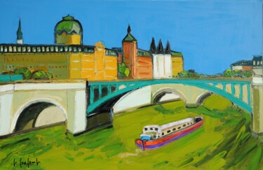 Painting titled "Le pont Notre-Dame" by Georges Coulomb, Original Artwork, Oil Mounted on Wood Stretcher frame