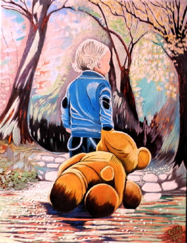 Peinture intitulée "Enfant à l'ourson" par Gym, Œuvre d'art originale, Huile