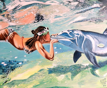 Peinture intitulée "Vahiné & dauphin" par Gym, Œuvre d'art originale, Huile