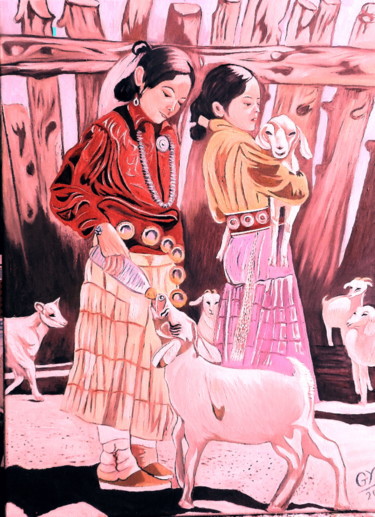 Peinture intitulée "Fillette aux agneau…" par Gym, Œuvre d'art originale, Huile