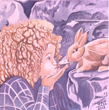 Peinture intitulée "Rousse au lapin" par Gym, Œuvre d'art originale, Huile