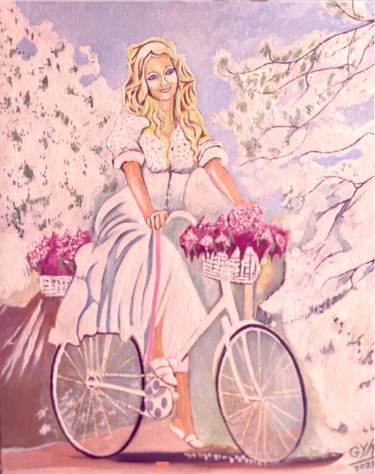 Peinture intitulée "Femme à vélo HST 15…" par Gym, Œuvre d'art originale, Huile