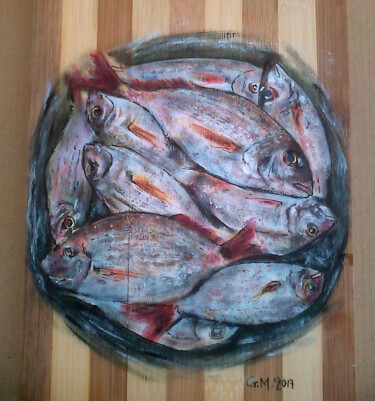 Rysunek zatytułowany „Ασημί ψάρια” autorstwa Georgia Melanitou (G.M.), Oryginalna praca, Pigmenty