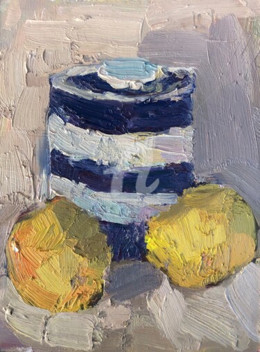 Pintura titulada "Blue and white stri…" por Georgina Rey, Obra de arte original, Oleo