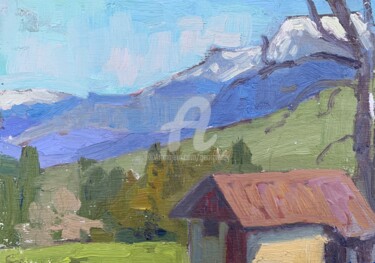 Schilderij getiteld "Hut in the Mountains" door Georgina Rey, Origineel Kunstwerk, Olie