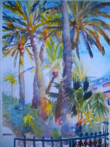 Peinture intitulée "Palmeras en Fortuna…" par Gérald Janowski, Œuvre d'art originale, Aquarelle