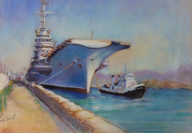 Pintura intitulada "Porte Avion à quai…" por Gérald Sorel, Obras de arte originais, Pastel