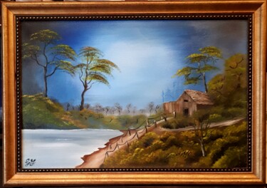 Ζωγραφική με τίτλο "Cabin by the lake" από Geraldine Flahavan, Αυθεντικά έργα τέχνης, Λάδι Τοποθετήθηκε στο Ξύλινο φορείο σκ…