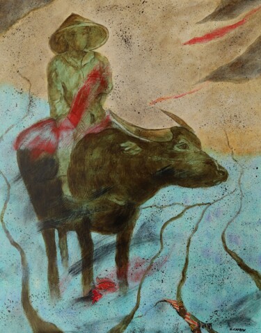 Pittura intitolato "Le gardien des rizi…" da Gérard Capron (G.CAPRON), Opera d'arte originale, Acrilico