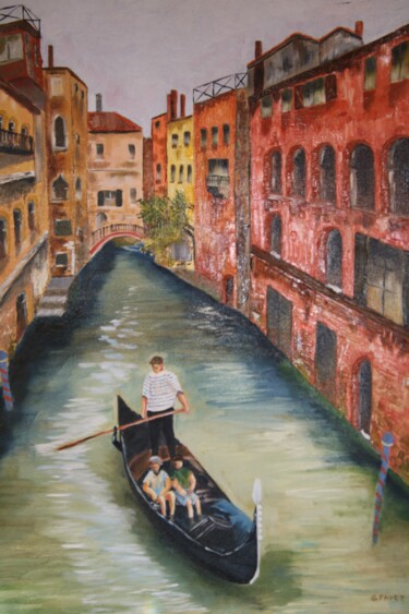 Painting titled "Gondole à Venise" by Gerard Fayet, Original Artwork, Oil Mounted on Wood Stretcher frame