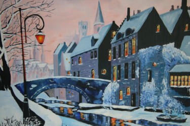 Pittura intitolato "Bruges sous la neige" da Gerard Fayet, Opera d'arte originale, Olio Montato su Telaio per barella in leg…