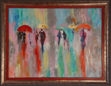 Schilderij getiteld "Les parapluies" door Gerard Fayet, Origineel Kunstwerk, Olie Gemonteerd op Frame voor houten brancard