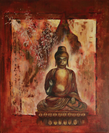 Peinture intitulée "Statue de Bouddha e…" par Gerard Fayet, Œuvre d'art originale, Huile Monté sur Châssis en bois
