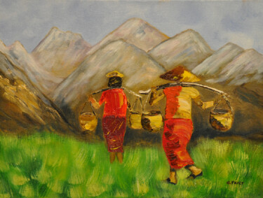 Peinture intitulée "Retour des champs a…" par Gerard Fayet, Œuvre d'art originale, Huile Monté sur Châssis en bois