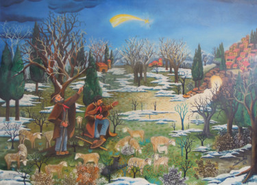 Painting titled "L'annonce aux berge…" by Gérard Michel, Original Artwork, Oil Mounted on Wood Stretcher frame