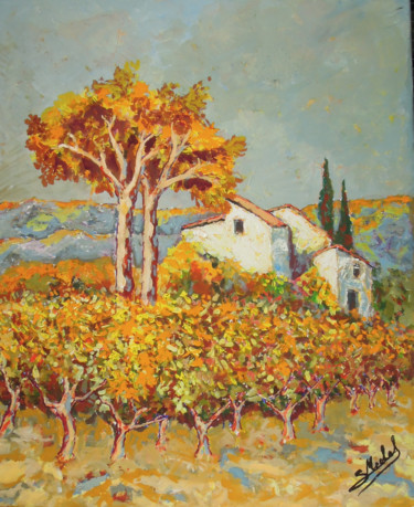 Peinture intitulée "vignes en automne" par Gérard Michel, Œuvre d'art originale, Acrylique Monté sur Châssis en bois