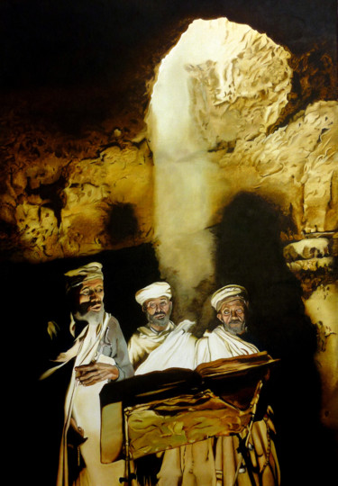 Painting titled "moines dans  église…" by Gerard Monborren, Original Artwork, Oil