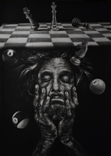 Tekening getiteld "MINDGAME"" door Gerard Soler, Origineel Kunstwerk, Potlood Gemonteerd op Glas