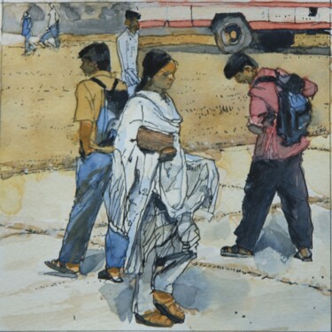 Pittura intitolato "Voyageurs en gare r…" da Gérard Valluet, Opera d'arte originale, Acquarello