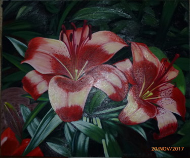 Painting titled "Flores con Pistilos" by Gerardo Rodriguez Granda, Original Artwork, Oil Mounted on Other rigid panel