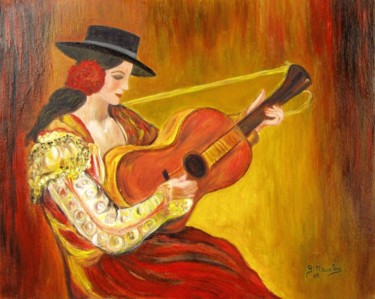 Schilderij getiteld "La guitariste" door Germaine Mauclere, Origineel Kunstwerk, Olie