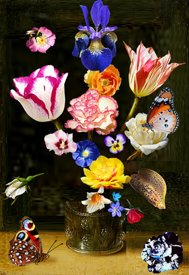 Digital Arts titled "A BOUQUET OF FLOWER…" by Gerry Chapleski, Original Artwork, Digital Collage Mounted on Wood Stretcher f…