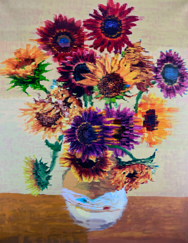 Painting titled "Sunflowers" by Gerry Chapleski, Original Artwork, Oil Mounted on Wood Stretcher frame